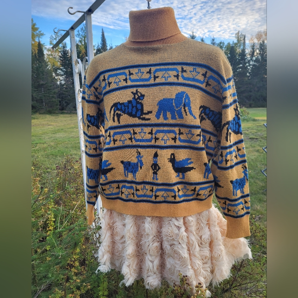 "Retro Animals" Mustard and Blue Acrylic Turtleneck Sweater